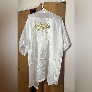 White Bride Robe with gold coloring & a “Bride to Be” Sash